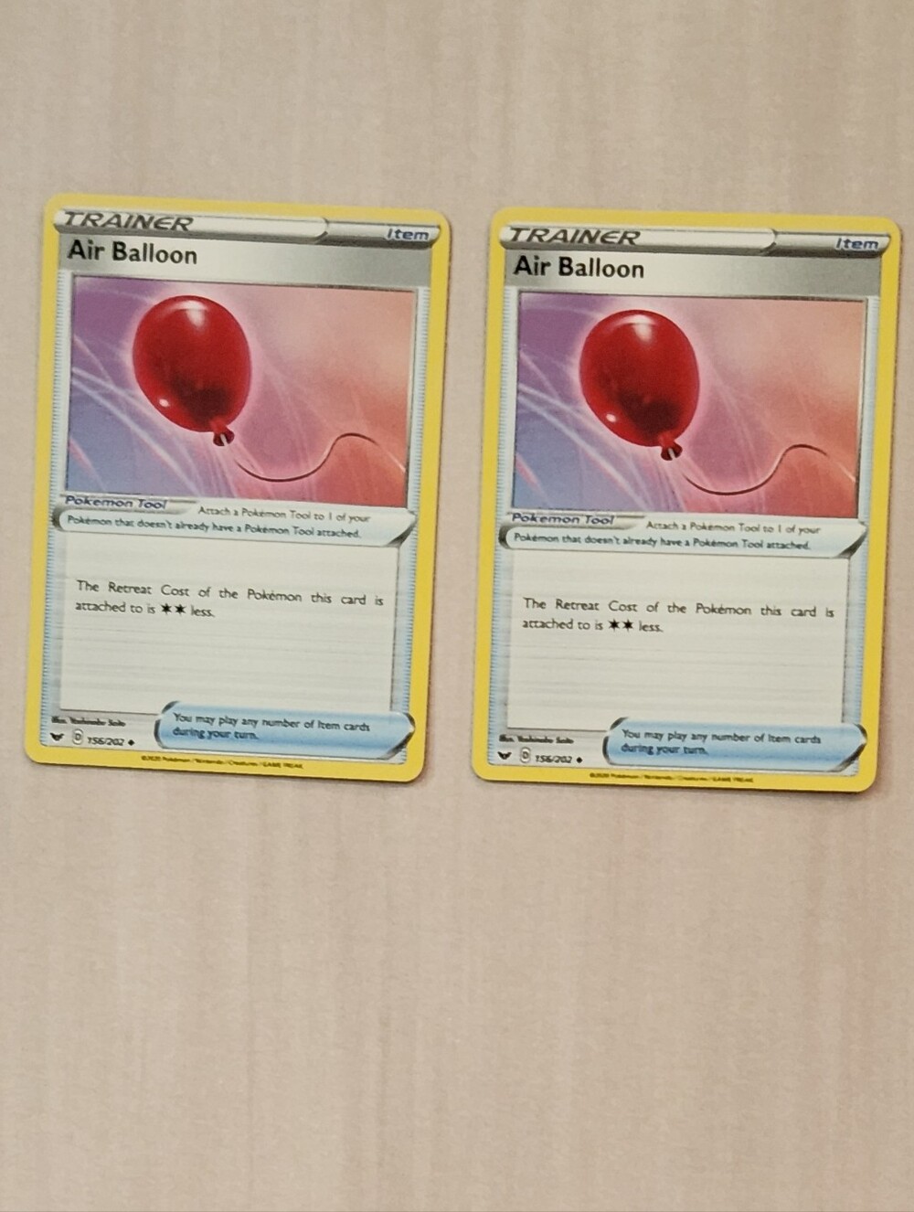 Pokemon Trainer Cards AIR BALLOON Sword & Shield 156/202 Set of 2 Cards